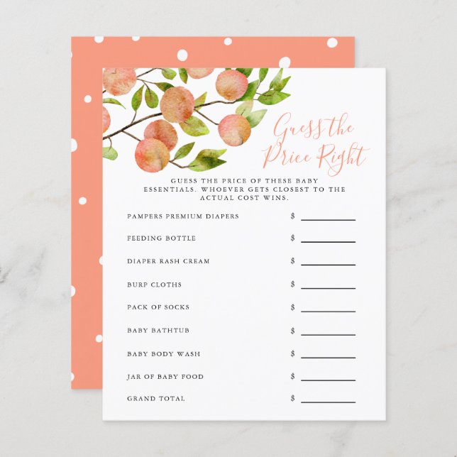 Peach Guess The Price Right Baby Shower Game (Front/Back)