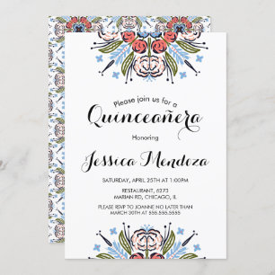  Peach Hand Drawn Floral Quinceañera Sweet 16  Invitation