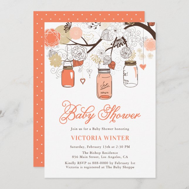 Peach Hanging Mason Jars Baby Shower Invitation (Front/Back)