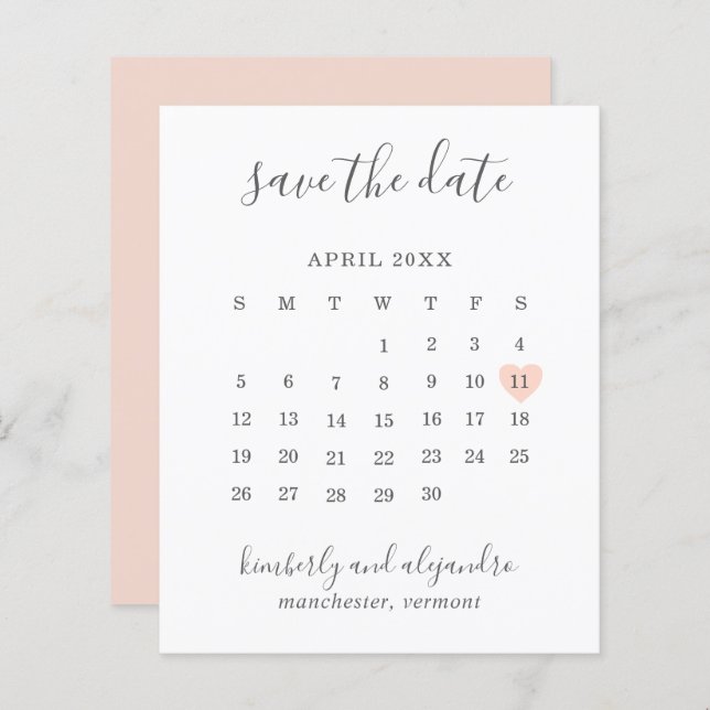 Peach Heart Calender Budget Wedding Save the Date (Front/Back)