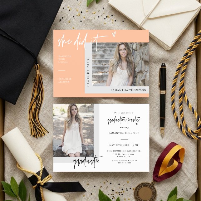 Peach Heart Photo She Did It Graduation Invitation (Creator Uploaded)