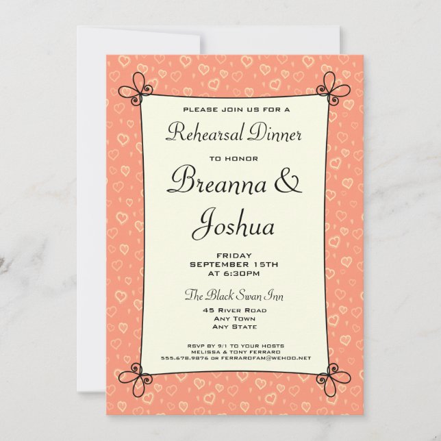 Peach Hearts Pattern Rehearsal Dinner Invitation (Front)