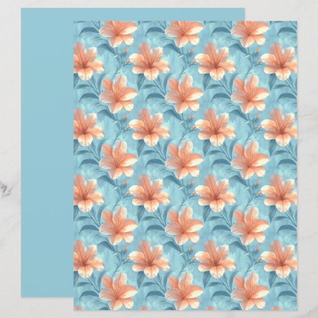 Peach Hibiscus Floral Scrapbook Paper (Front/Back)