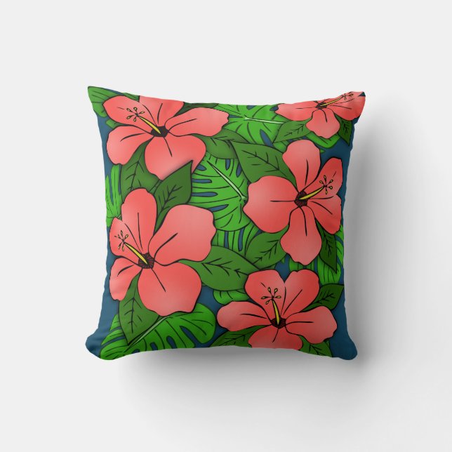 Peach Hibiscus & Monstera Cushion (Front)