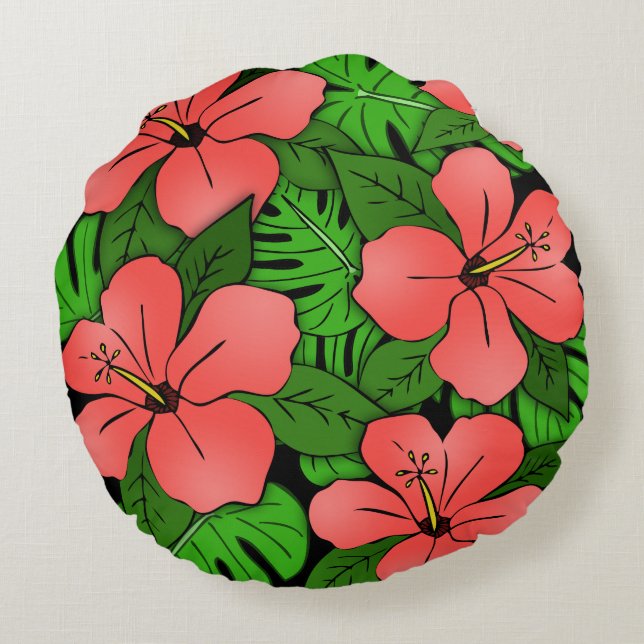 Peach Hibiscus & Monstera Round Cushion (Back)