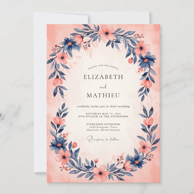 Peach Indigo Serene Watercolor Wedding Invitation (Front)