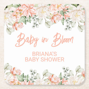 Peach Ivory Beige Neutral Baby Shower Square Paper Coaster