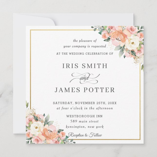 Peach Ivory Blush Floral Gold Wedding Square Invitation (Front)