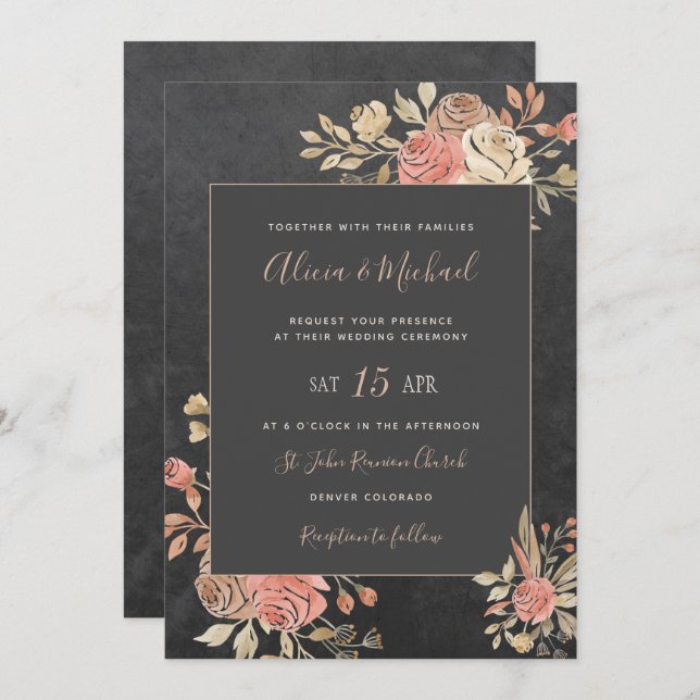 Peach Ivory Blush Moody Floral Dark Grey Wedding Invitation (Front/Back)