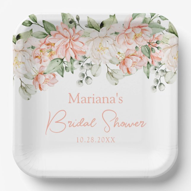 Peach Ivory Floral Bridal Shower Paper Plate (Front)