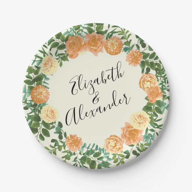 Peach & Ivory Peony & Rose Floral Wedding Paper Plate (Front)