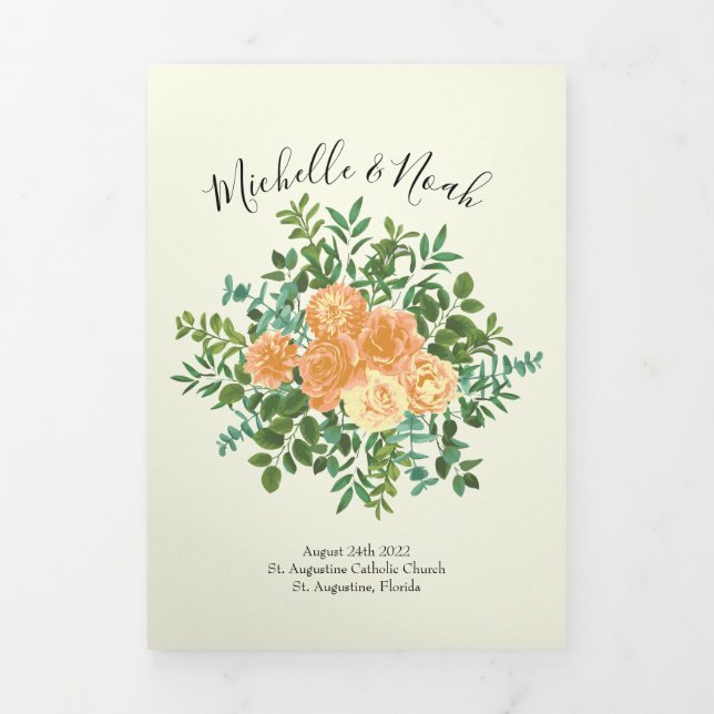 Peach & Ivory Peony & Rose Floral Wedding Programs Tri-Fold Programme (Cover)
