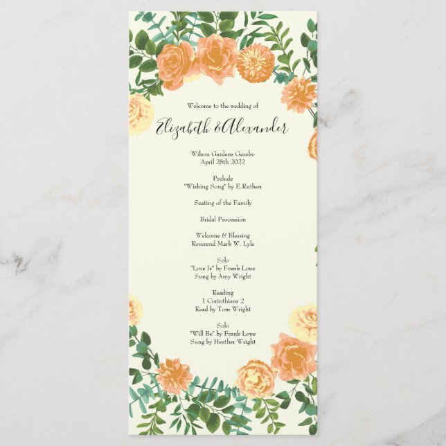 Peach Ivory Wedding Vintage Rose Menu (Front)