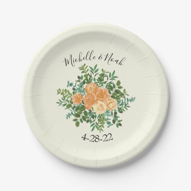 Peach Ivory Wedding Vintage Rose Paper Plate (Front)
