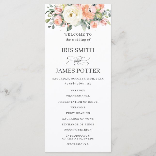 Peach Ivory White Pink Floral Wedding Program Programme (Front)