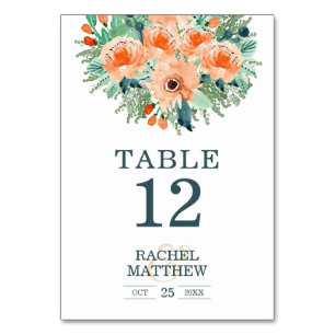 Peach Jade Teal Floral Watercolor Table Numbers