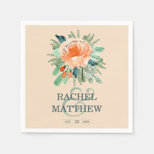 Peach Jade Teal Floral Watercolor Wedding Napkin