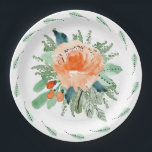 Peach Jade Teal Floral Watercolor Wedding Paper Plate<br><div class="desc">A watercolor of elegant flowers in shades of peach to orange trimmed with teal to jade green foliage and a wreath of leaves rims the outer edge of these paper plates - available in 2 sizes. **TIP: Click the CUSTOMIZE button to CHANGE the white background colour. COORDINATING invitations, napkins and...</div>