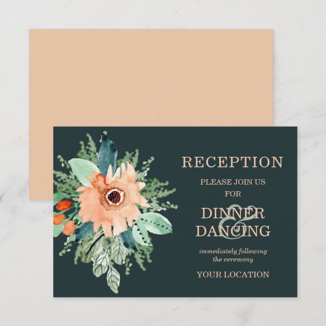 Peach Jade Teal Floral Wedding Reception Cards (Front/Back)