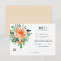 Peach Jade Teal Floral Wedding RSVP Cards