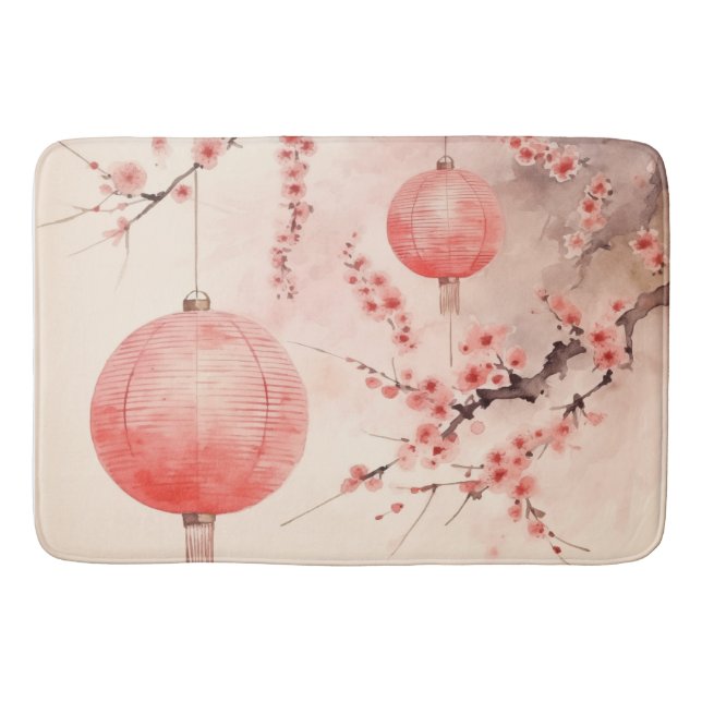 Peach Japanese Lanterns Sakura Blossoms Bath Mat (Front)