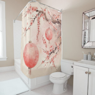 Peach Japanese Lanterns Sakura Blossoms Shower Curtain