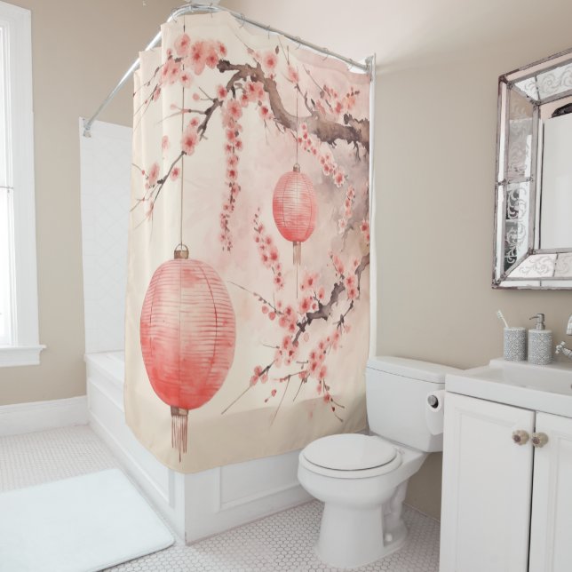 Peach Japanese Lanterns Sakura Blossoms Shower Curtain (In Situ)