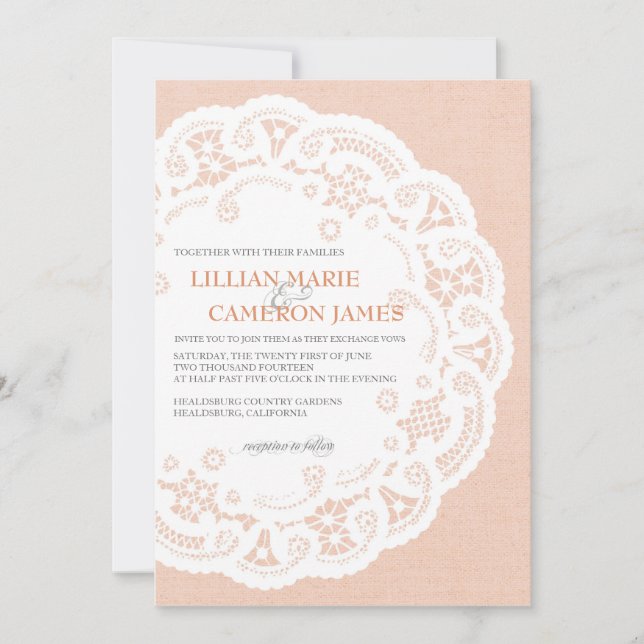 Peach Lace Doily Wedding Invitation (Front)