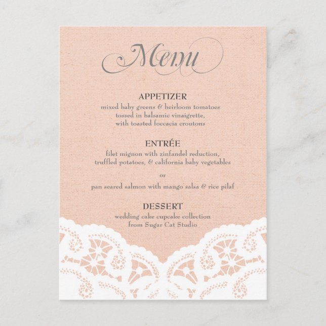 Peach Lace Doily Wedding Menu Postcard (Front)
