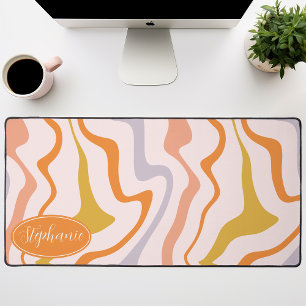 Peach, Lavender, and Gold Retro Groovy Waves Desk Mat