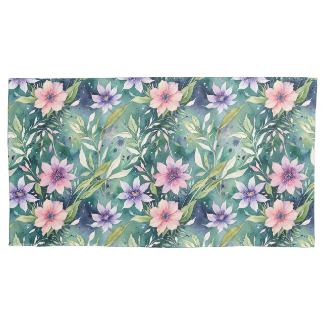 Peach, Lavender, and Teal Modern Floral Pillowcase (Front)