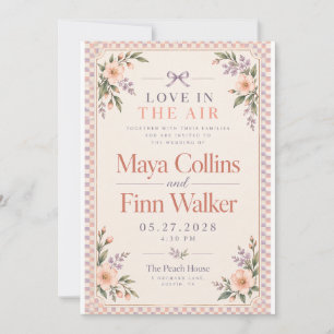Peach Lavender Chequered Floral Wedding Invitation