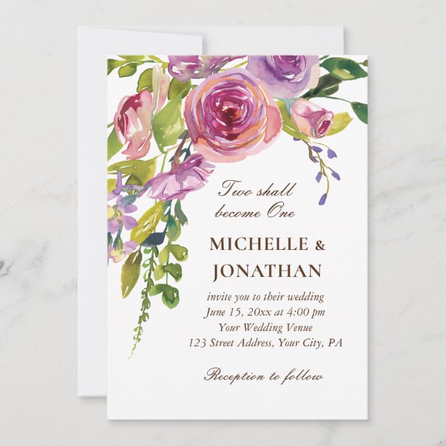 Peach Lavender Floral Greenery Christian Wedding Invitation (Front)