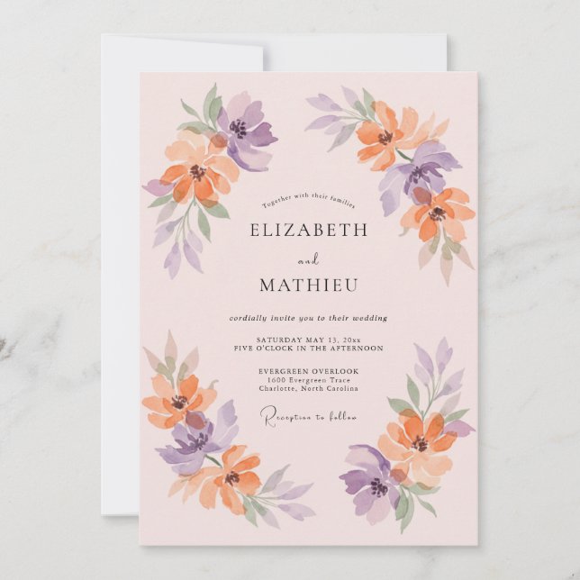 Peach Lavender Floral Romance Wedding Invitation (Front)