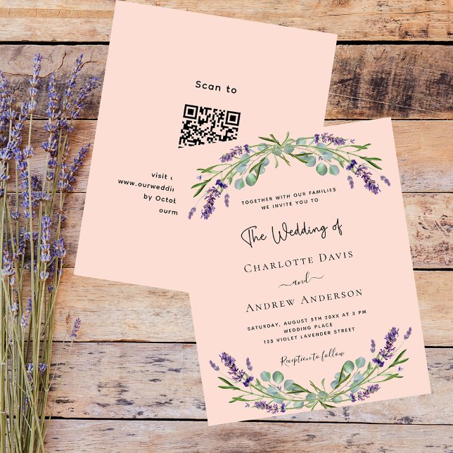 Peach lavender QR RSVP budget wedding invitation (Creator Uploaded)