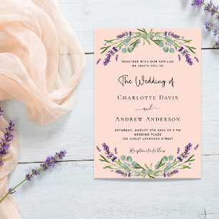 Peach lavender violet florals luxury wedding invitation