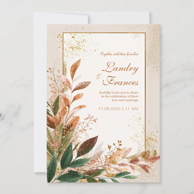 Peach Leaf Gold Stardust Wedding Invitation (Front)