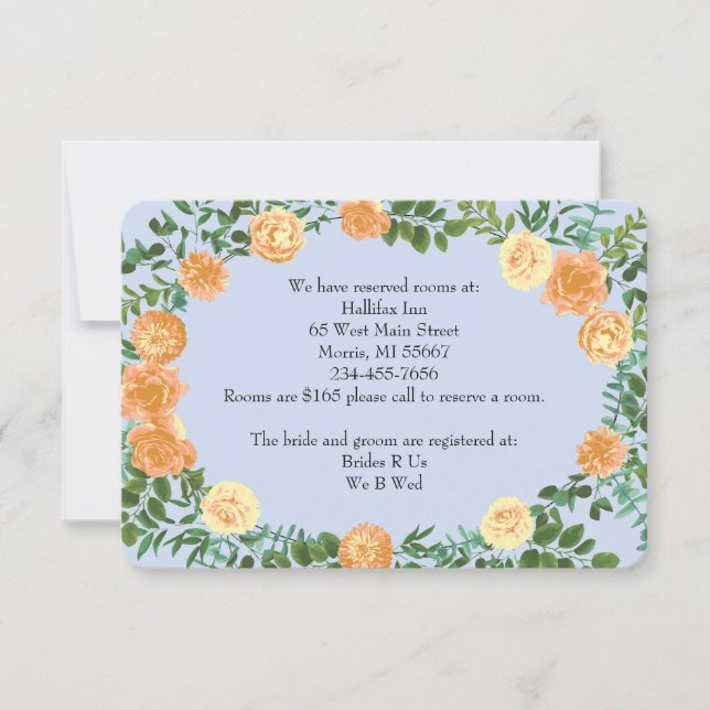 Peach Light Blue Peony Rose Floral Information Invitation (Front)