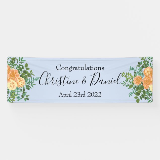 Peach & Light Blue Peony & Rose Floral Wedding Banner (Horizontal)