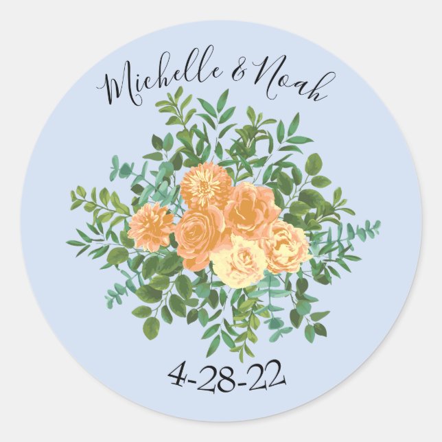 Peach & Light Blue Peony & Rose Floral Wedding Classic Round Sticker (Front)