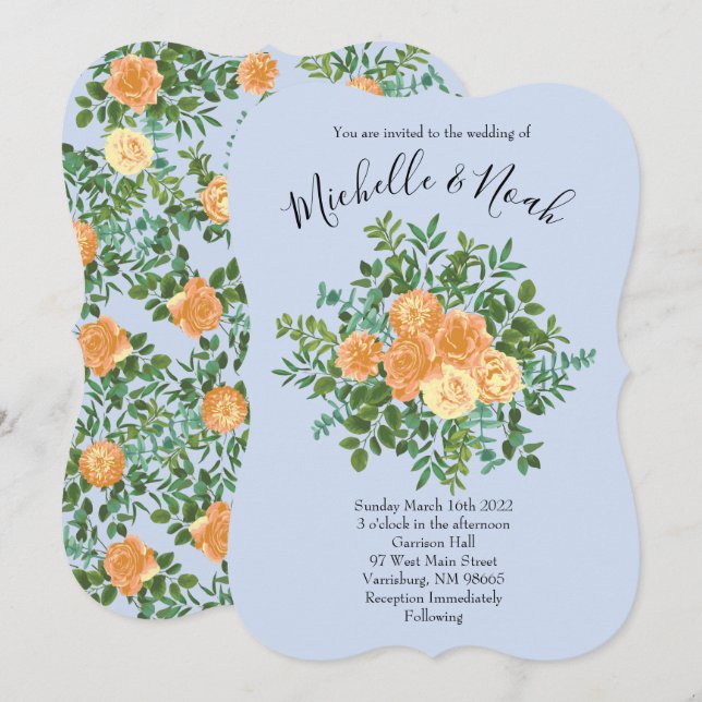 Peach & Light Blue Peony & Rose Floral Wedding Invitation (Front/Back)