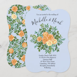 Peach & Light Blue Peony & Rose Floral Wedding Invitation