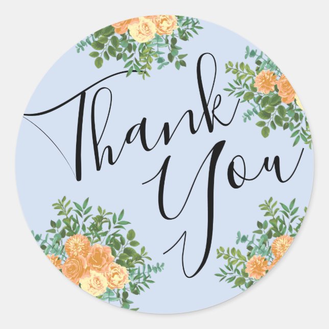 Peach Light Blue Wedding Roses Floral Classic Round Sticker (Front)