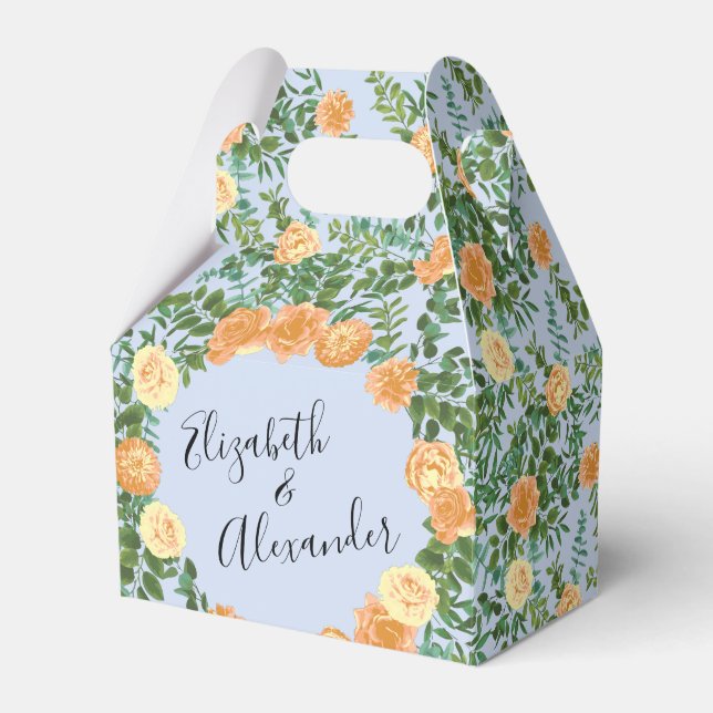 Peach Light Blue Wedding Roses Floral Favour Box (Front Side)