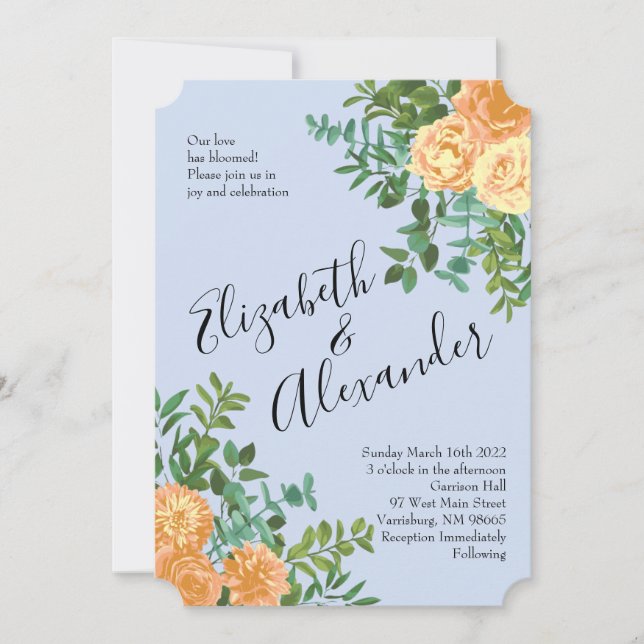 Peach Light Blue Wedding Roses Floral Invitation (Front)
