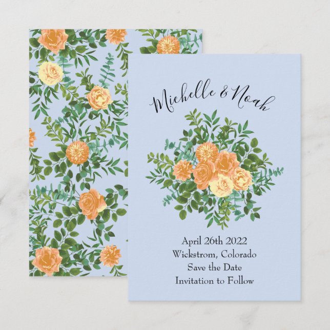 Peach Light Blue Wedding Roses Floral Invitation (Front/Back)