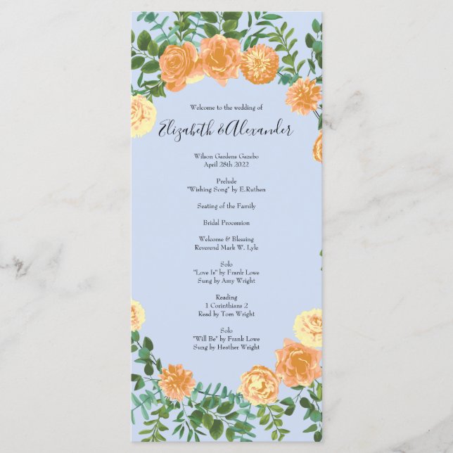 Peach Light Blue Wedding Roses Floral Menu (Front)