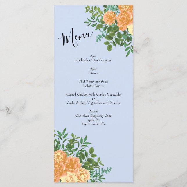 Peach Light Blue Wedding Roses Floral Menu (Front)