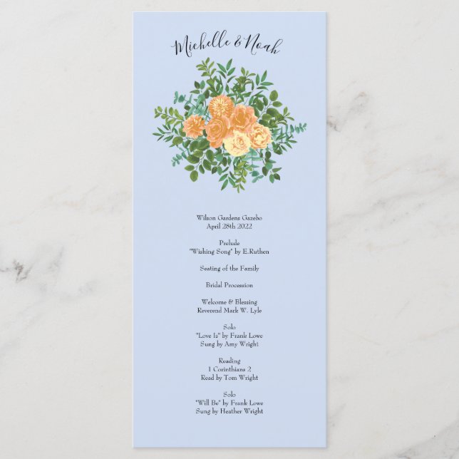 Peach Light Blue Wedding Roses Floral Menu (Front)