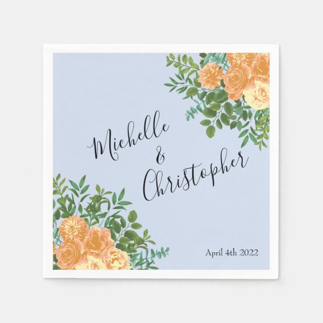 Peach Light Blue Wedding Roses Floral Napkin (Front)